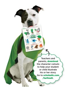 TurfMutt in a superhero cape holding Outdoor Power character cutouts in his mouth