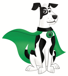 Cartoon TurfMutt sitting in a cape