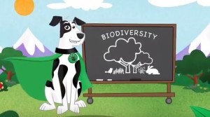 TrufMutt by a chalkboard that says biodiversity