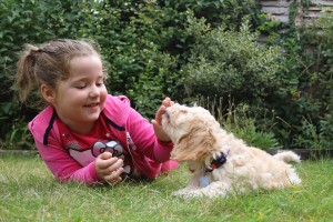 girl and dog laying in grass