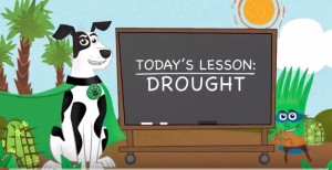 TurfMutt & Green Ranger standing by a chalkboard that says Drought 